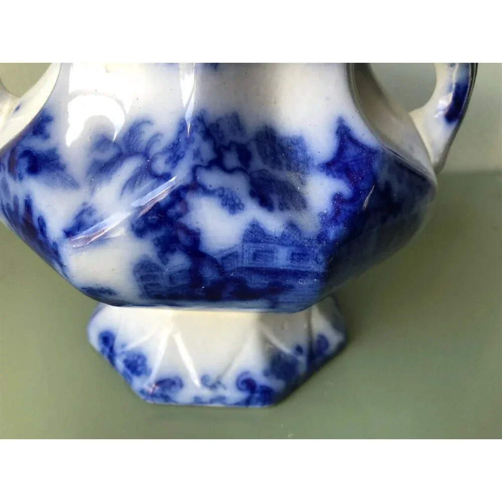 vintage Flow Blue Transferware double handle urn sugar bowl pot jar planter